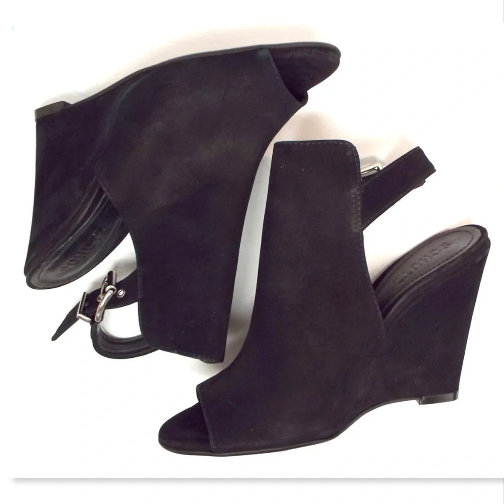SCHUTZ Black Nubuck Leather Open Toe Buckled Sling Wedge Ankle Bootie Heels 7